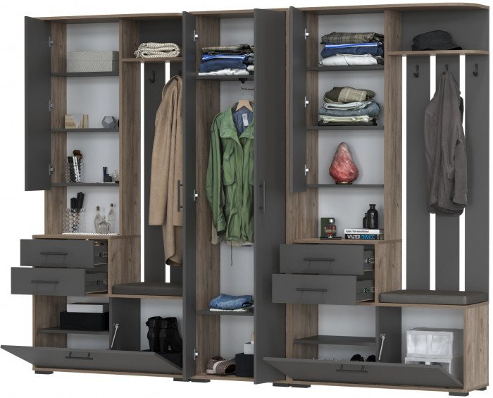 Прихожая Домино 3, цвет дуб крафт табачный/графит, ШхГхВ 260х36х202 см., универсальная сборка