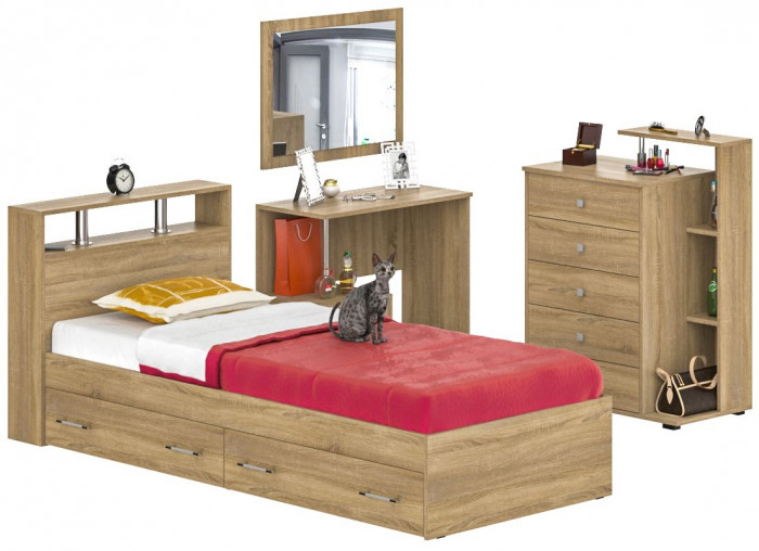 Камелия спальня № 14 Кровать с ящиками 900 + Стол косметический + Зеркало + Комод, цвет дуб сонома, сп.м. 900х2000 мм., б/м, основание есть