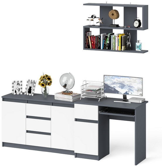 Мори компьютерный стол МС-1 левый + Комод МК1200.3 + Полка 900, графит/белый
