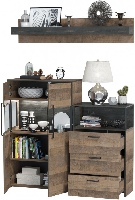 Трувор Гостиная 007, цвет дуб гранж песочный/интра, ШхГхВ 151,8х37х195 см., универсальная сборка, есть светодиодная подсветка