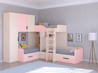 Трехместная кровать ТРИО/1 Дуб молочный/Розовый