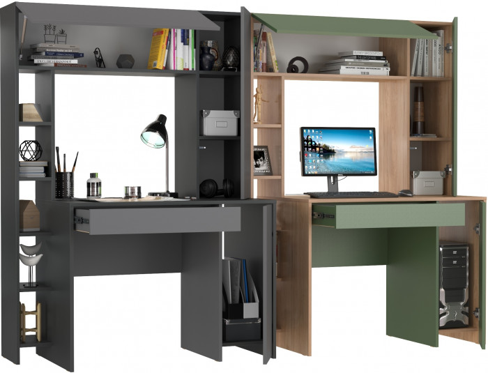 Два стола комп.Комфорт 12.71, антрацит/тёмно-серый/гикори рокфорд натуральный/дымчатый зелёный