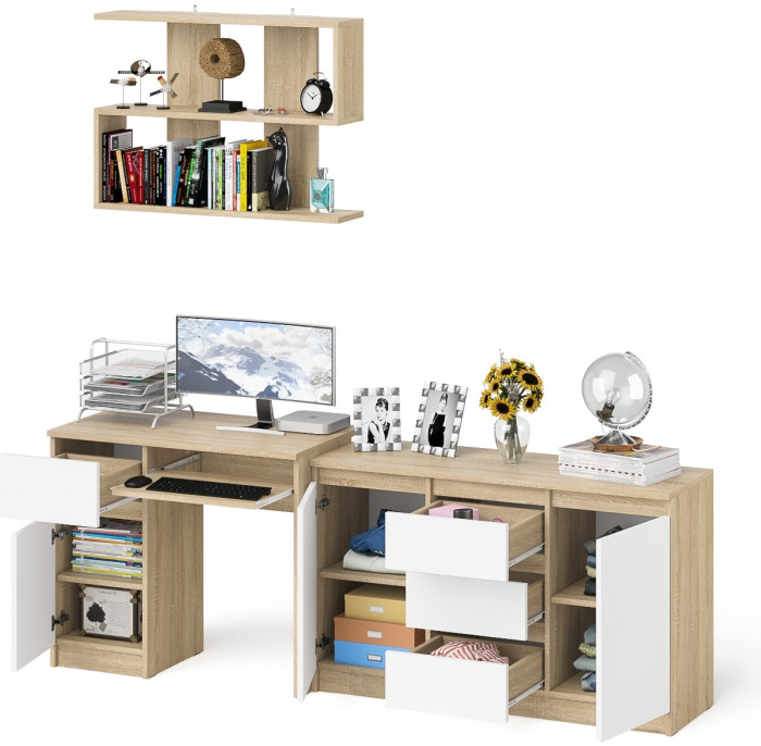 Мори компьютерный стол МС-1 левый + Комод МК1200.3 + Полка 900, дуб сонома/белый