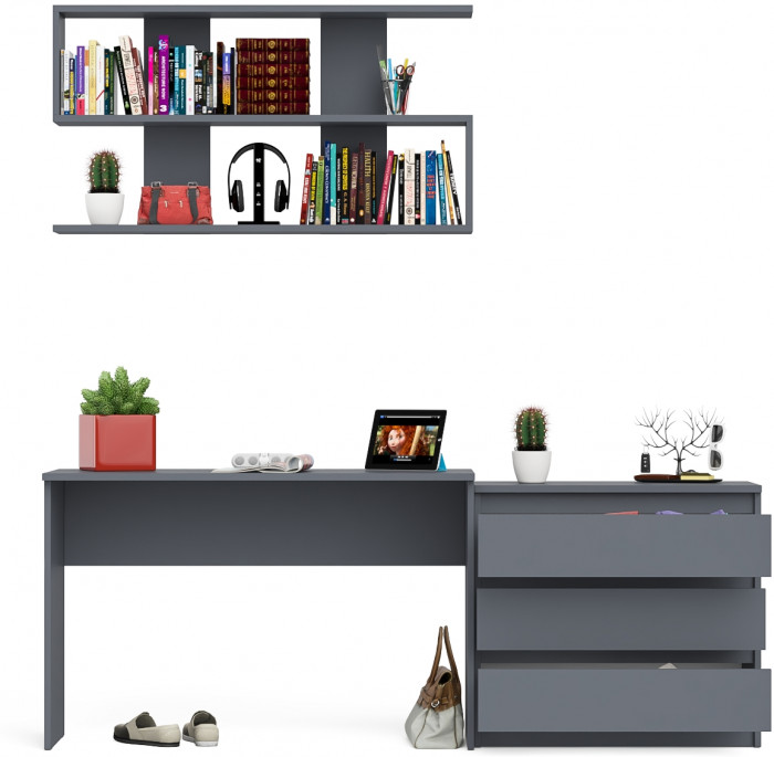 Мори Стол письменный МСП1200.1 + Комод МК800.1 + Полка 1200, цвет графит, ШхГхВ 200,8х50х209,6 см., универсальная сборка
