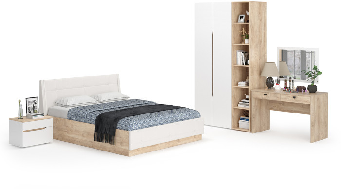 Муссон Спальня № 06, цвет белый/дуб эндгрейн элегантный/искусственная кожа белая, подъёмный ортопед, сп. м. 1600х2000 мм., б/м