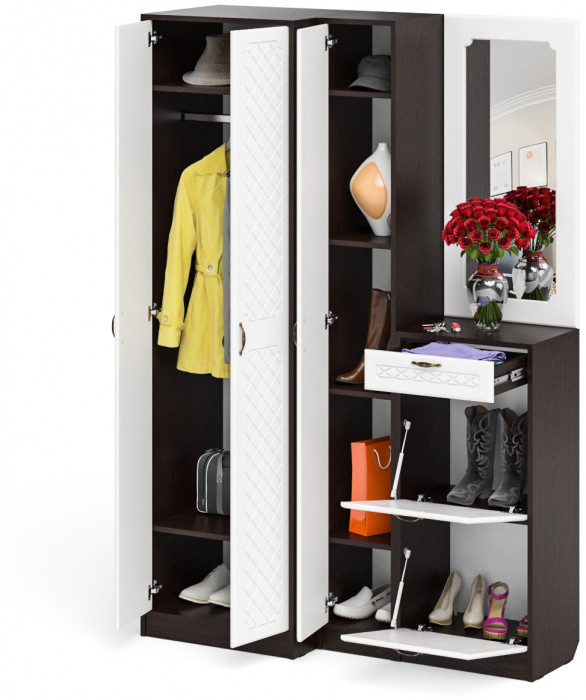 Прихожая П-6 Компоновка № 29, цвет венге/фасады МДФ белое дерево фрезеровка ромб, ШхГхВ 140х50х210 см., универсальная сборка