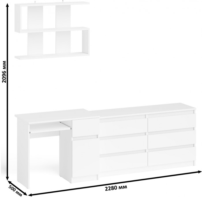 Мори компьютерный стол МС-1 правый + Комод МК1380.6 + Полка 900, белый