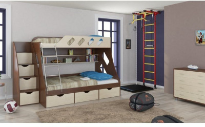 Детская двухъярусная кровать Дельта 20.01+23.02+25 (Кремовый, Дуб Сонома)