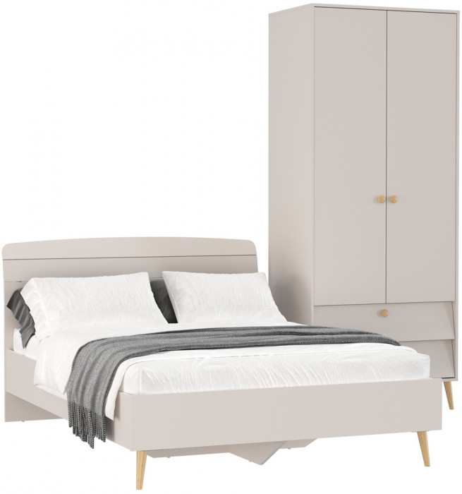 Афина Спальня Кровать 1400 + Шкаф 2-х дверный, цвет кашемир серый, ШхГхВ 144,6х210,2х95,7 + 90,3х56,3х220 см., сп.м. 1400х2000 мм., б/м, осн. есть