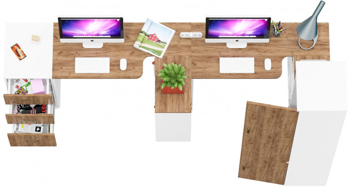 Лидер-8 Стол + Стол + Пенал МД 21Б + Тумба МД 3.16, цвет белый шагрень/крафт золото, ШхГхВ 410х50/37,5х75/190 или 270х120/50х75/190 см., НЕ ун. сб.