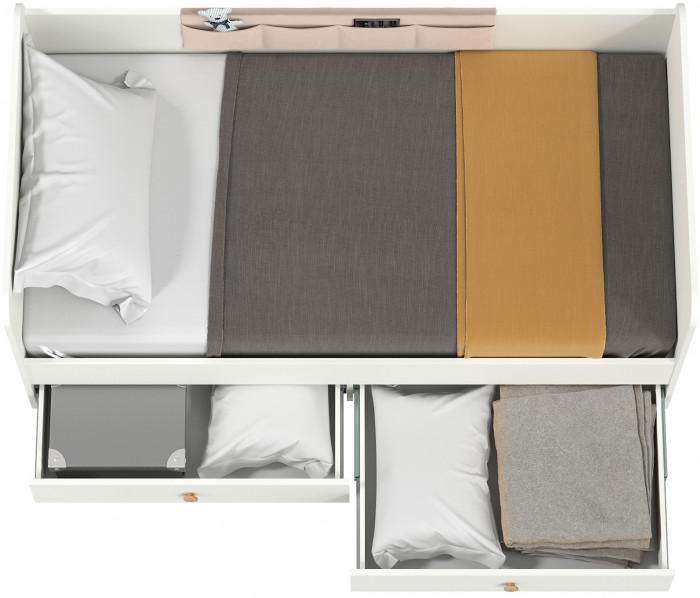 Джастин 11.55 Кровать + Накладка-карман, цвет белый шагрень/ткань серо-бежевая, ШхГхВ 163,8х84х70,6 см., сп. м. 800х1600 мм., б/м, основание есть