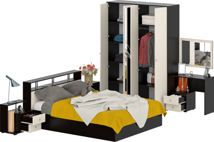 Камелия спальня № 2 Кровать 1600 + Две тумбы + Стол косметич. + Зеркало + Шкаф 4-х, цвет венге/дуб лоредо, сп.м. 1600х2000 мм., б/м, осн. есть