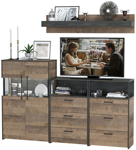 Трувор Гостиная 009, цвет дуб гранж песочный/интра, ШхГхВ 217,8х37х195 см., универсальная сборка, есть светодиодная подсветка