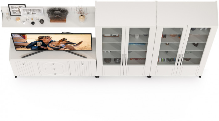 Валенсия Гостиная № 112, цвет ЛДСП белый шагрень/МДФ белый шагрень, ШхГхВ 301,4х38,4х225,2 см., универсальная сборка