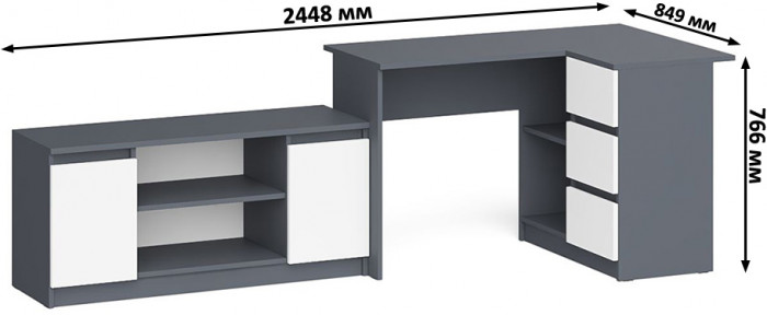 Мори Стол компьютерный МС-16 правый + Тумба МТВ1200.1, цвет графит/белый, ШхГхВ 244,8х84,9х76,6 см., выдвижные ящики справа, НЕ универсальная сборка