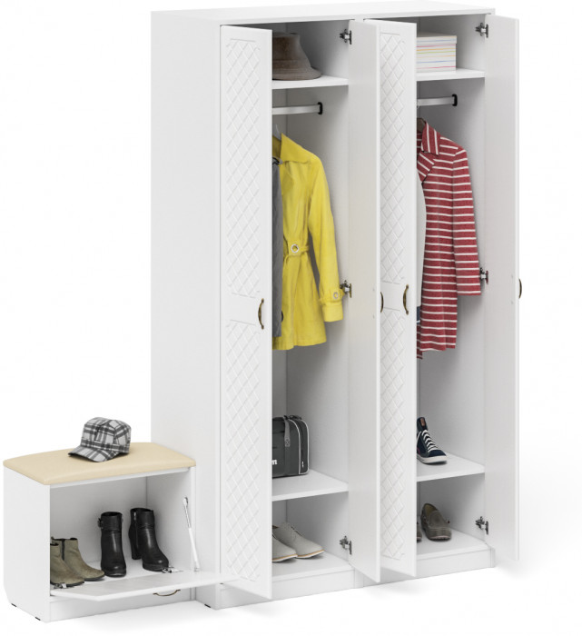 Прихожая П-6 Компоновка № 07, белая шагрень/фасады МДФ белое дерево фрезеровка ромб