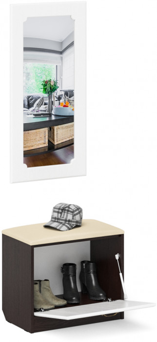Прихожая П-6 Тумба + Зеркало, венге/фасады МДФ белое дерево фрезеровка ромб