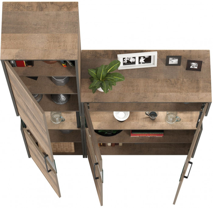 Трувор 13.205 Шкаф-пенал с витриной + 13.306 Комод с витриной, дуб гранж песочный/интра