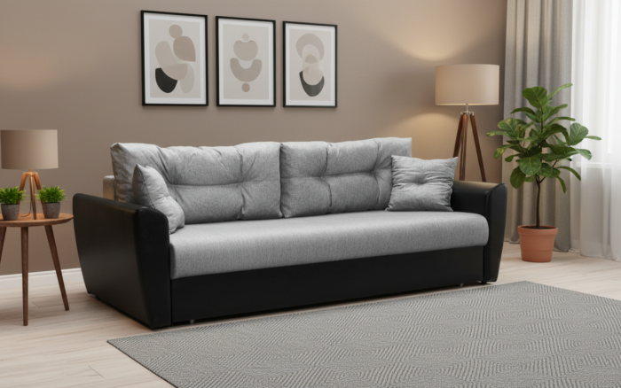 Диван-еврокнижка Амстердам 140, рогожка/экокожа серая