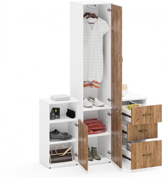 Лидер-8 Пенал МД 21Б + Тумба МД 3.16 + Тумба МД 3.19, цвет белый шагрень/крафт золото, ШхГхВ 120х50х190 см., универсальная сборка