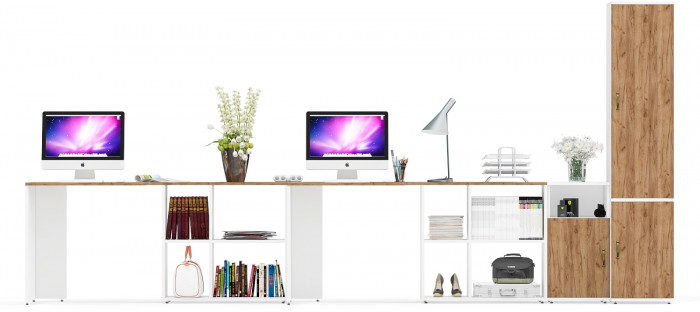 Лидер-8 Стол + Стол + Пенал МД 21Б + Тумба МД 3.19, цвет белый шагрень/крафт золото, ШхГхВ 410х50/37,5х75/190 или 230х160/50х75/190 см., НЕ ун. сб.