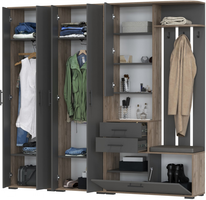 Прихожая Домино 4, цвет дуб крафт табачный/графит, ШхГхВ 220х36х202 см., универсальная сборка