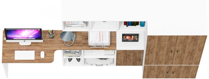 Лидер-8 Стол + Полка + Тумба МД 3.15 + Шкаф МД 19Б, белый шагрень/крафт золото