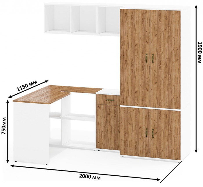 Лидер-8 Стол + Полка + Тумба МД 3.15 + Шкаф МД 19Б, белый шагрень/крафт золото