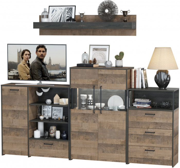 Трувор Гостиная 010, цвет дуб гранж песочный/интра, ШхГхВ 260,8х37х195 см., универсальная сборка