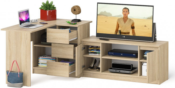 Мори Стол компьютерный МС-16 правый + Тумба МТВ1200.1, цвет дуб сонома, ШхГхВ 244,8х84,9х76,6 см., выдвижные ящики справа, НЕ универсальная сборка