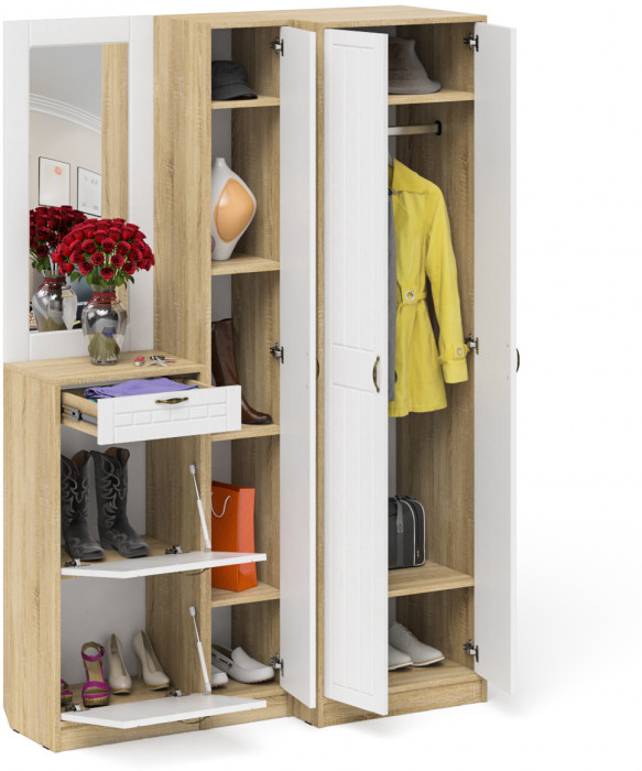 Прихожая П-6 Компоновка № 29, дуб сонома/фасады МДФ белое дерево фрезеровка прованс