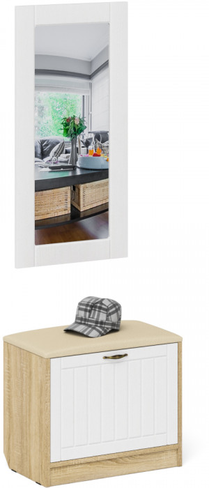 Прихожая П-6 Тумба + Зеркало, дуб сонома/фасады МДФ белое дерево фрезеровка прованс