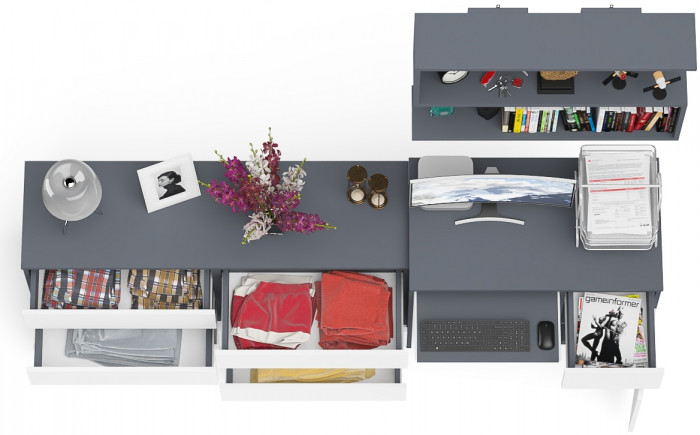 Мори компьютерный стол МС-1 правый + Комод МК1380.6 + Полка 900, графит/белый