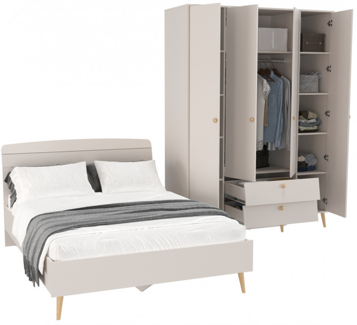 Афина Спальня Кровать 1400 + Шкаф 4-х дверный, цвет кашемир серый, ШхГхВ 144,6х210,2х95,7 + 160х56,3х220 см., сп.м. 1400х2000 мм., б/м, осн. есть