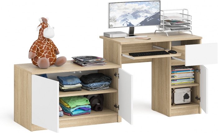 Мори Стол компьютерный МС-1 правый + Тумба МА900.1, цвет дуб сонома/белый, ШхГхВ 180,4х50,4х76,6 см., выдвижной ящик справа, НЕ универсальная сборка