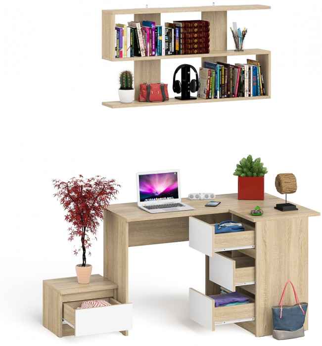 Мори Стол компьютерный МС-16 правый + Тумба ТМП400.1 + Полка 1200, цвет дуб сонома/белый, ШхГхВ 164,8х84,9х209,6 см., НЕ универс. сборка