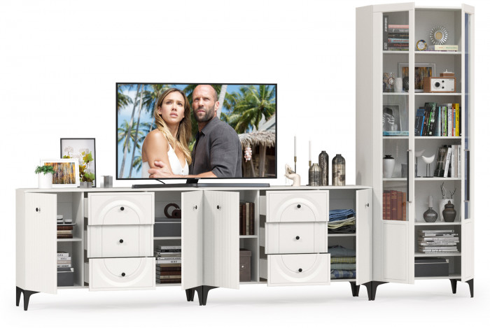 Валенсия Гостиная № 120, цвет ЛДСП белый шагрень/МДФ белый шагрень, ШхГхВ 350,4х38,4х225,2 см., универсальная сборка