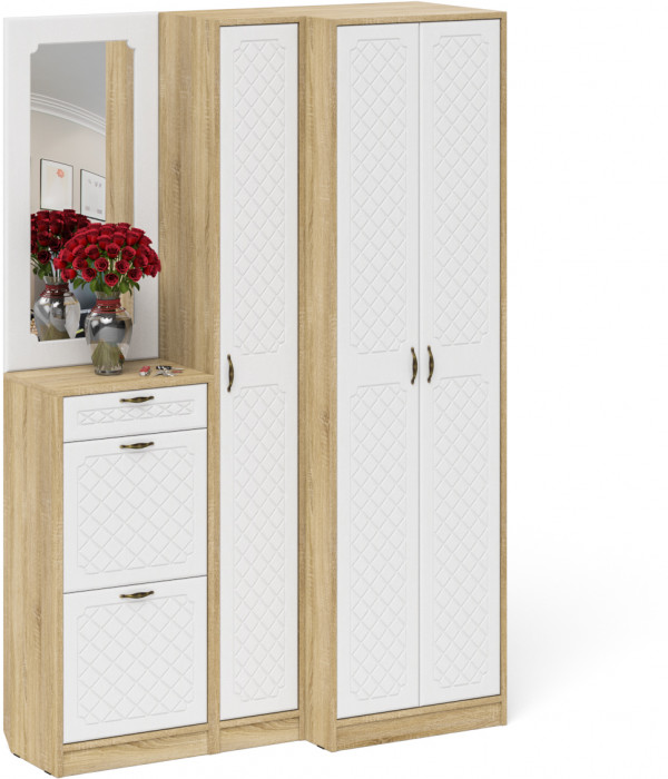 Прихожая П-6 Компоновка № 29, дуб сонома/фасады МДФ белое дерево фрезеровка ромб