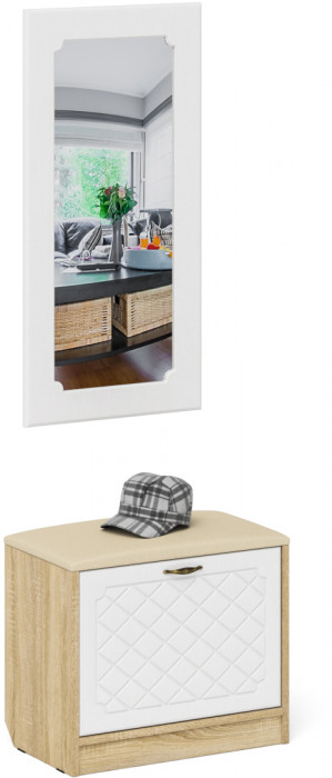 Прихожая П-6 Тумба + Зеркало, дуб сонома/фасады МДФ белое дерево фрезеровка ромб