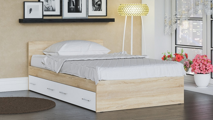 Мори Кровать с ящиками 1200, дуб сонома/белый