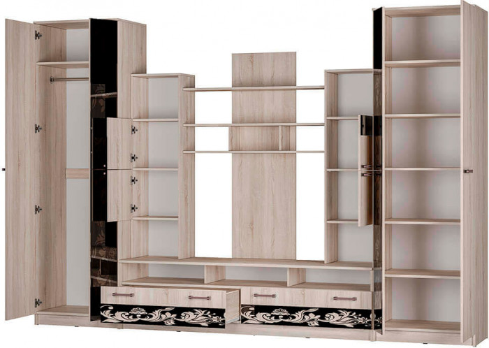 Гостиная "Багира" (3300х2200х500) дуб сонома/стекло каштан