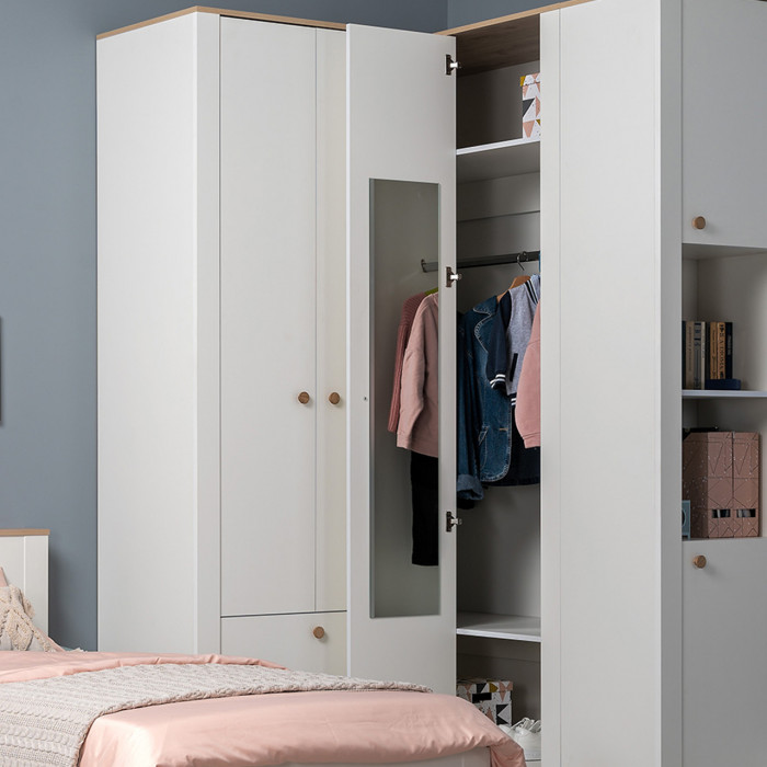 Джастин 13.229 Шкаф угловой, цвет белый шагрень/дуб белый эксклюзив, ШхГхВ 111,4х54,8х225,7 см., универсальная сборка