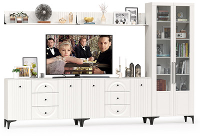 Валенсия Гостиная № 121, цвет ЛДСП белый шагрень/МДФ белый шагрень, ШхГхВ 350,4х38,4х225,2 см., универсальная сборка