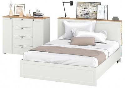 Остин 11.53 Кровать + ортопед + 16.221 Комод, белый шагрень/дуб крафт золотой