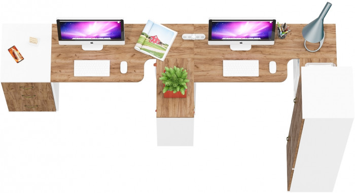 Лидер-8 Стол + Стол + Пенал МД 22Б + Тумба МД 3.16, цвет белый шагрень/крафт золото, ШхГхВ 410х50/37,5х75/190 или 270х120/50х75/190 см., НЕ ун. сб.