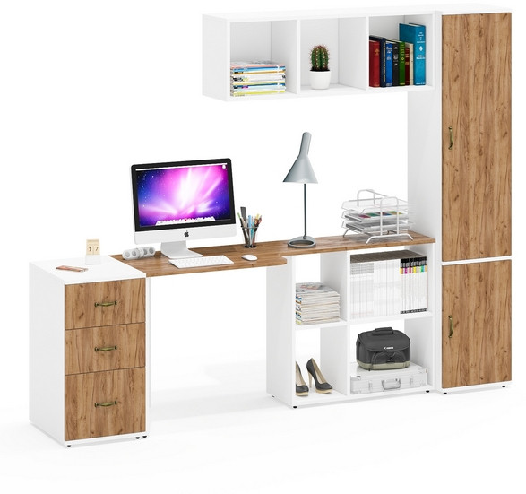 Лидер-8 Стол + Полка + Тумба МД 3.16 + Пенал МД 21Б, белый шагрень/крафт золото