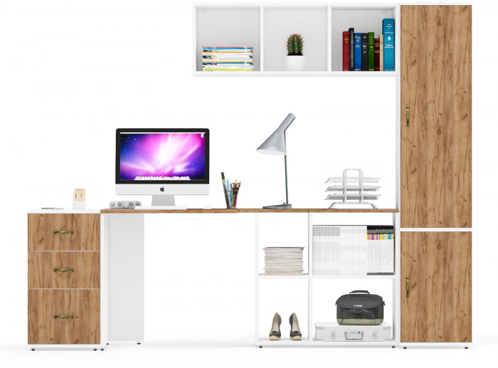 Лидер-8 Стол + Полка + Тумба МД 3.16 + Пенал МД 21Б, белый шагрень/крафт золото