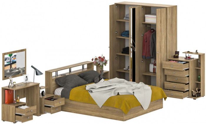 Камелия спальня № 3 Кровать 1600 + Две тумбы + Стол косметич. + Зеркало + Комод + Шкаф 4-х, цвет дуб сонома, сп.м. 1600х2000 мм., б/м, осн. есть