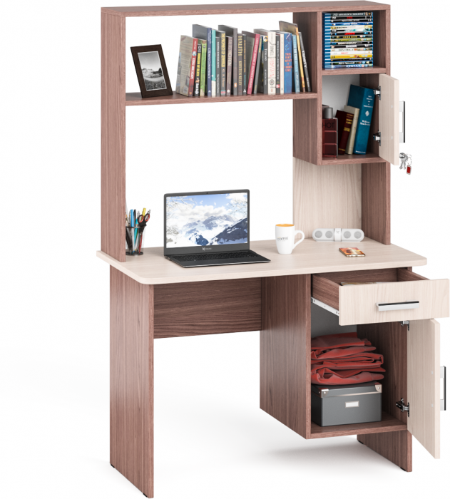 Стол письменный с надстройкой С-МД-1-09Н, цвет ясень шимо светлый/ясень шимо тёмный, ШхГхВ 105х57х162 см., НЕ универсальная сборка