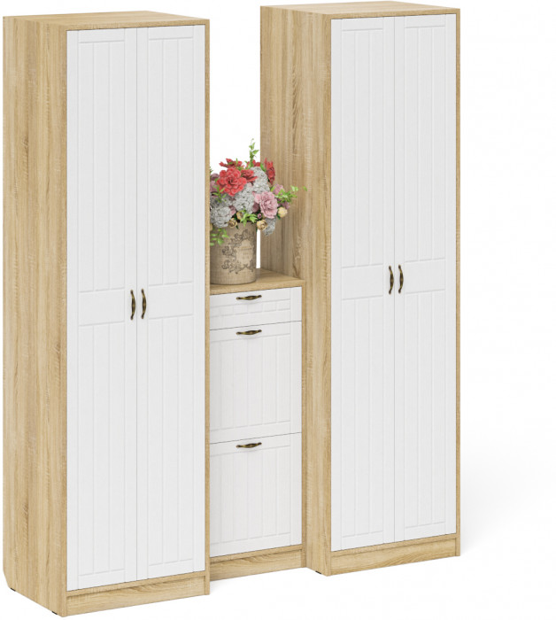 Прихожая П-6 Компоновка № 13, цвет дуб сонома/фасады МДФ белое дерево фрезеровка прованс, ШхГхВ 170х50х210 см., универсальная сборка